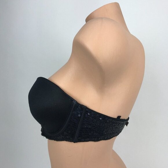 Victorias‎ Secret Pink Strapless Padded Bustier Bra 34D Black Sequin Underwired - Picture 3 of 8